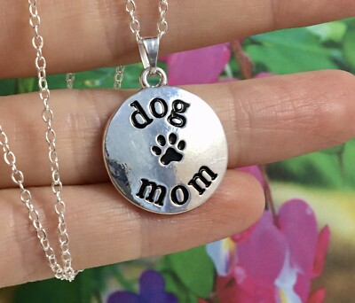 Dog Mom Necklace Charm Pendant on .925 Sterling Silver Chain I Love My Dogs Lady