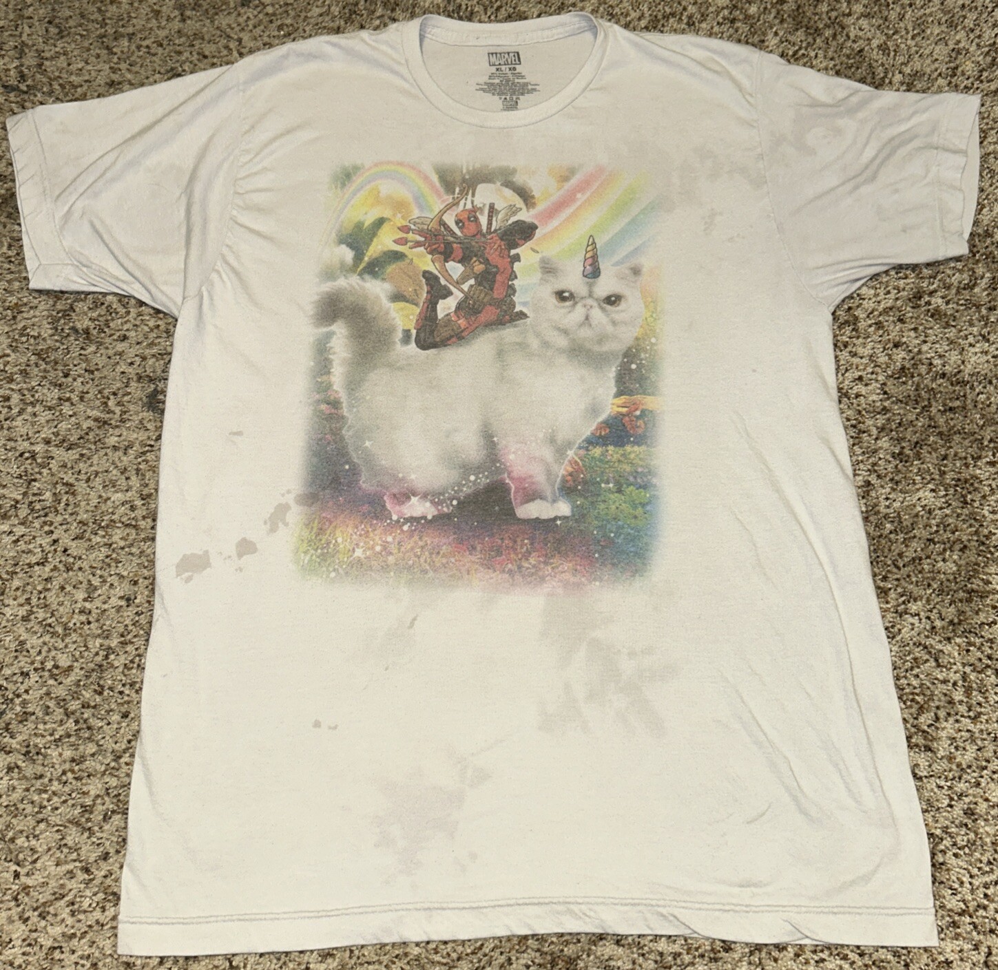 Deadpool T Shirt Riding Cat Unicorn, Vintage Look, Stained, OOP