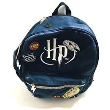 Harry Potter Blue Canvas Backpack Embroidered Patch Lightening Bolt Zipper Pulls