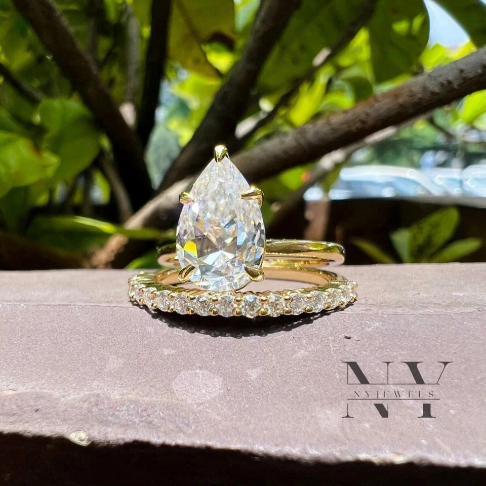 Moissanite Bridal Set Engagement Ring 2.50 Carat Pear Cut Solid 14K Yellow Gold - Image 3 of 4