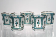 5 Vintage Libbey Teal & Gold Frosty Lowball Old Fashioned Cocktail Glasses Set