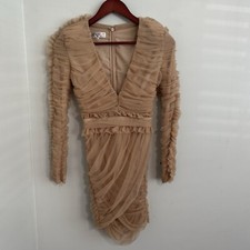 House of CB FLEUR Blush Pleated Tulle Deep V Dress , XS