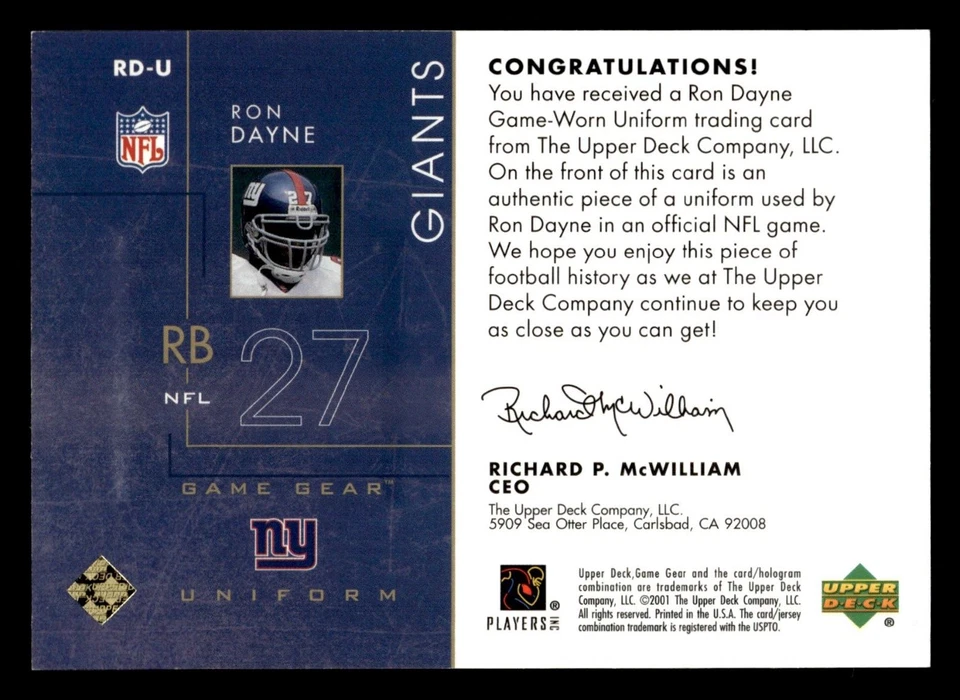 2001 UD GAME GEAR UNIFORMS #RDU RON DAYNE GAME USED JERSEY NEW YORK GIANTS - Image 2 of 3
