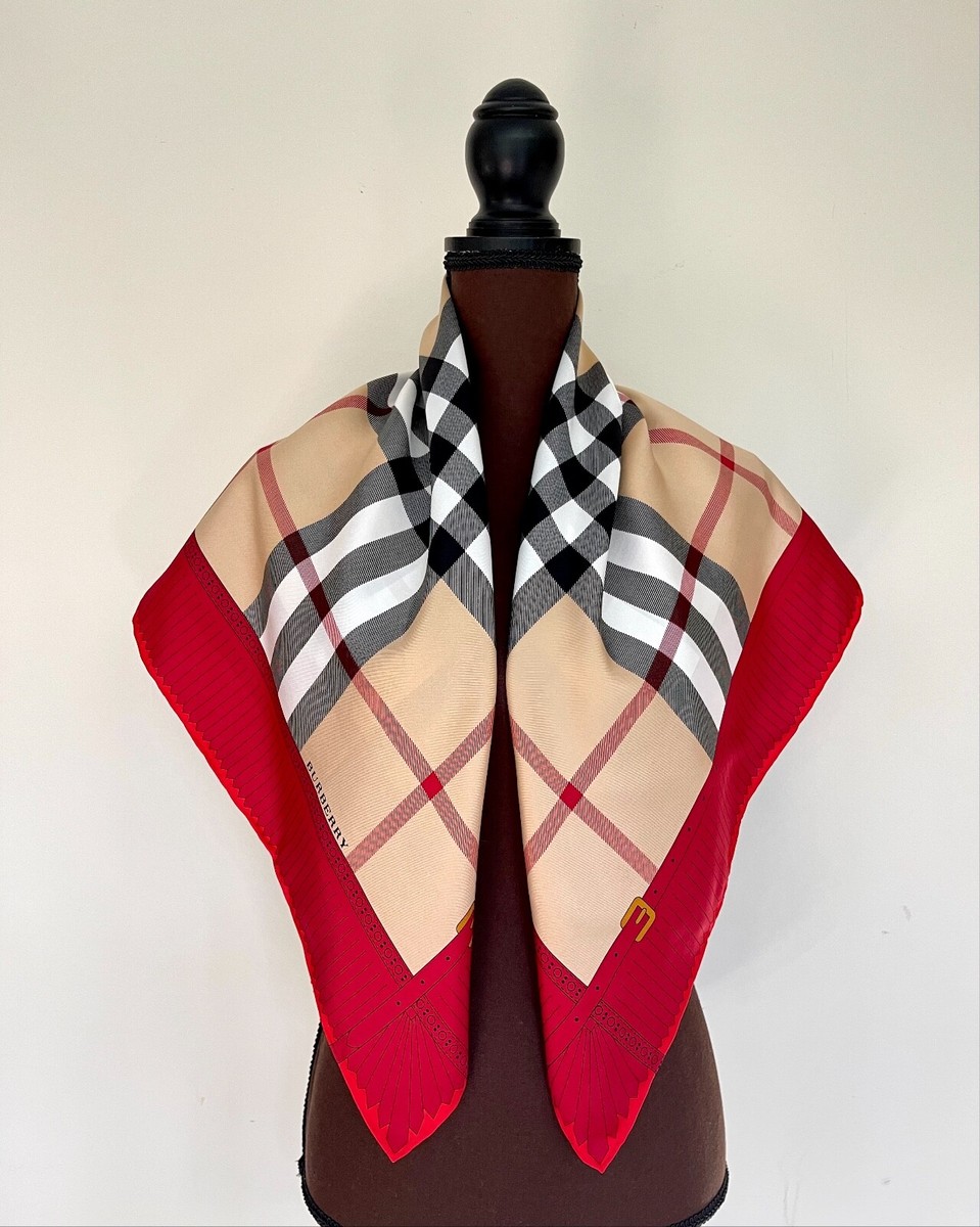 NWT Iconic Burberry Silk Scarf Red Border House Beige Check Wrap