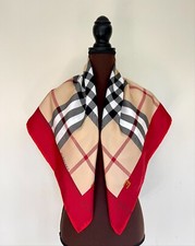 NWT Iconic Burberry Silk Scarf Red Border House Beige Check Wrap Head Cover