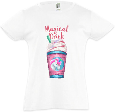 Magical Drink Kids Girls T-Shirt Unicorn Rainbow Fun Geek Nerd Pixel Retro Bit