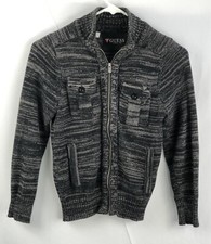Guess Cardigan Sweater Jacket 8 Blk/Gray Marled Zip Front Mock Collar Pockets