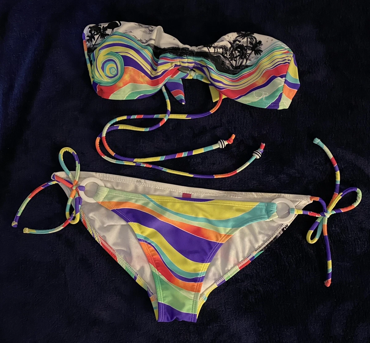 OP Ocean Pacific Beach Scene Multi Color 2 Pcs Bikini Sz S CH 3 5 Top Bottom