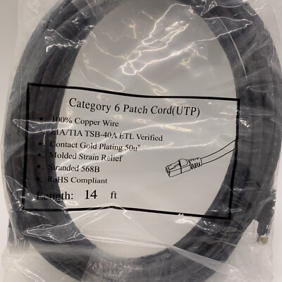 Category 6 Patch Cord (UTP) 100% Copper Wire 14 Feet Contact Goldplating ￼50u 