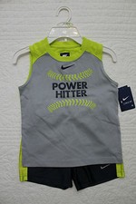 NEW BOYS NIKE 2 PIECE SET NAVY GRAY LIME GREEN SHIRT AND SHORTS OUTFIT BASEBALL