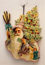VICTORIAN SANTA w PRETTY DECORATED TREE * Glitter CHRISTMAS ORNAMENT Vtg Img