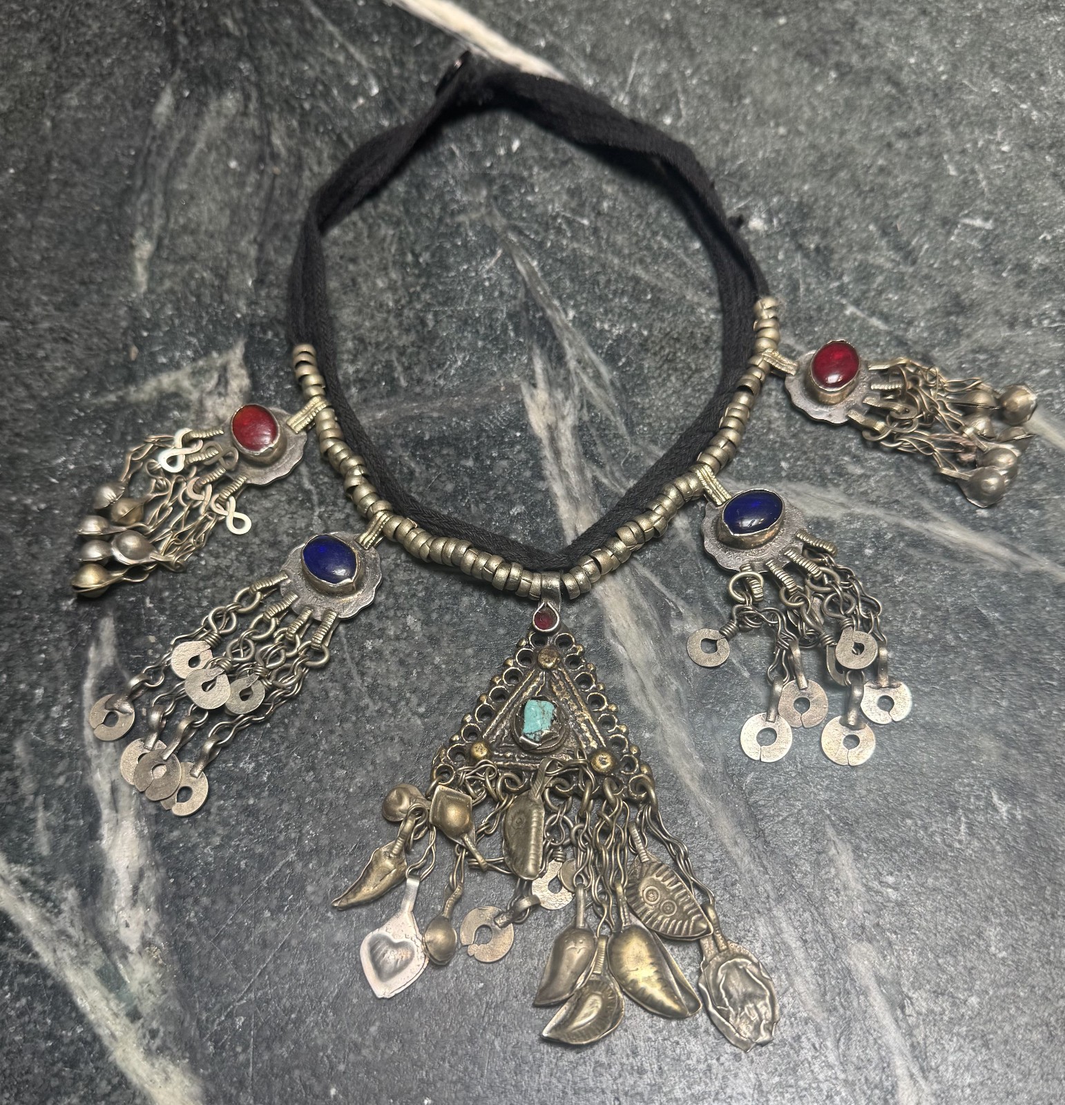 Vintage Afghanistan Tribal SIlver Tone and Glass Cabuchon Kuchi Necklace