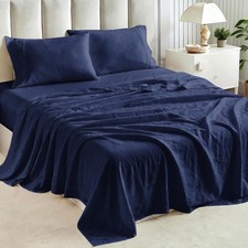 4 PCS Washed Cotton-Linen Feel Queen Sheet Set 10-16 Inch Pocket Navy Blue