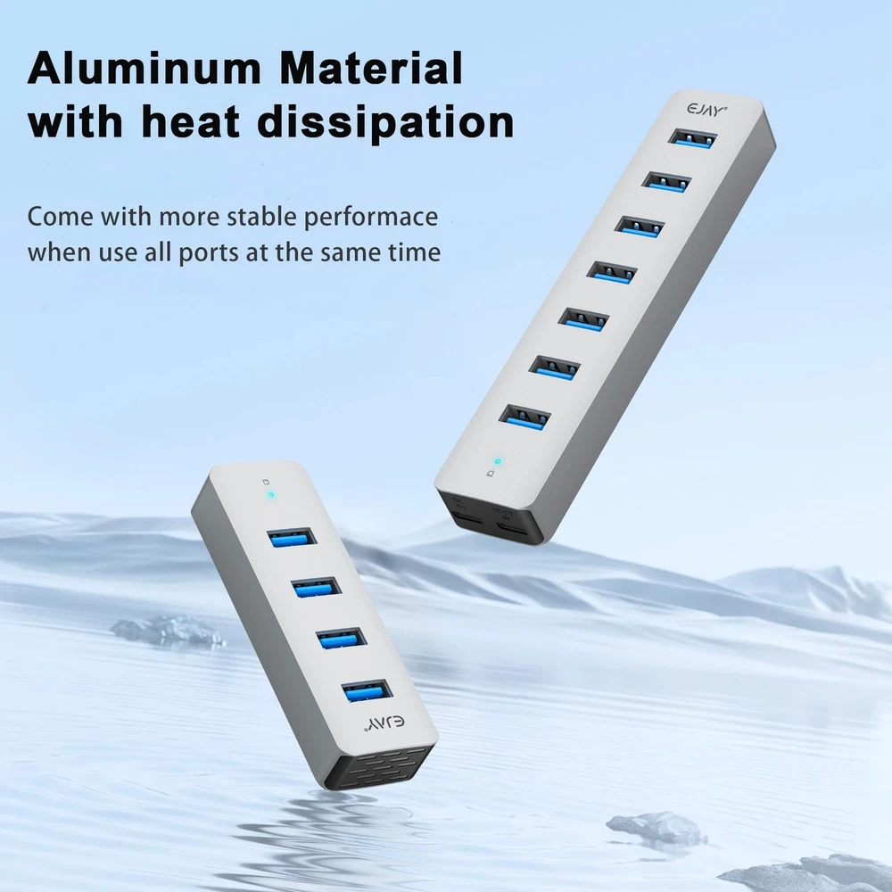 7-Port Aluminum USB Hub with Long Cable for Desktop Expansion