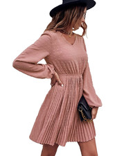 SHEIN Women's Medium Dusty Pink Pleated Long Sleeve Swiss Dot A-line Vneck Dress