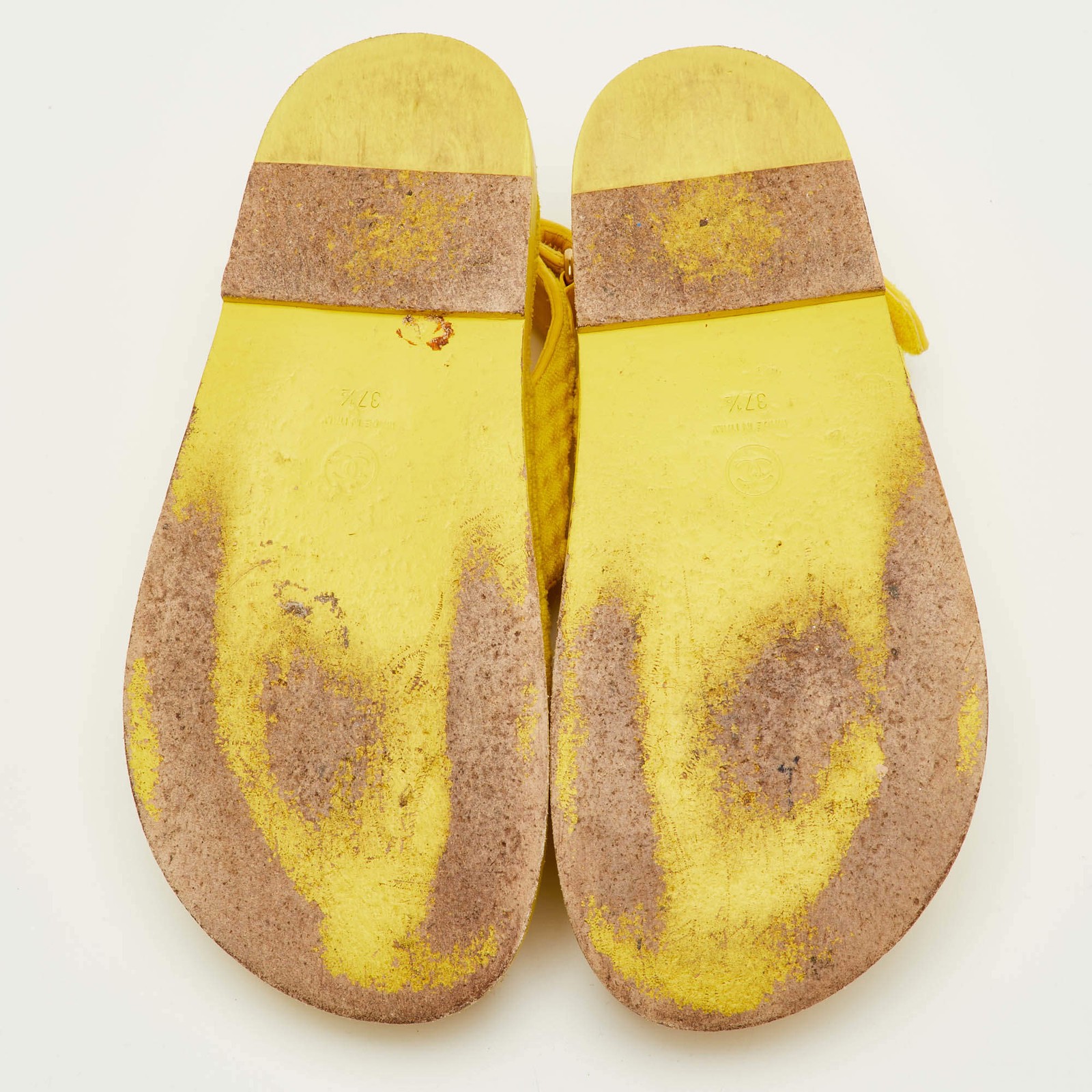 Chanel Dad Size 37.5 Yellow Fabric CC Ankle Strap Flat Sandals thumbnail 6