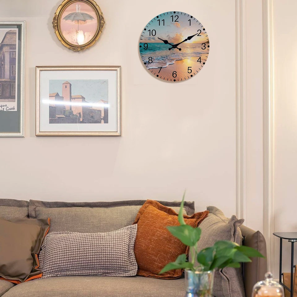 12 Inch Sunset Beach Wooden Wall Clock Silent Quartz Clock No Ticks - Image 2 of 4