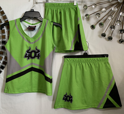 3pcs LRSA Dark Lime Green Girls Cheerleader Outfit Set Sz 8 - 10
