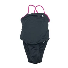 TYR Girls One Piece Swimsuit Solid Microback Open Back Black Pink 26/8