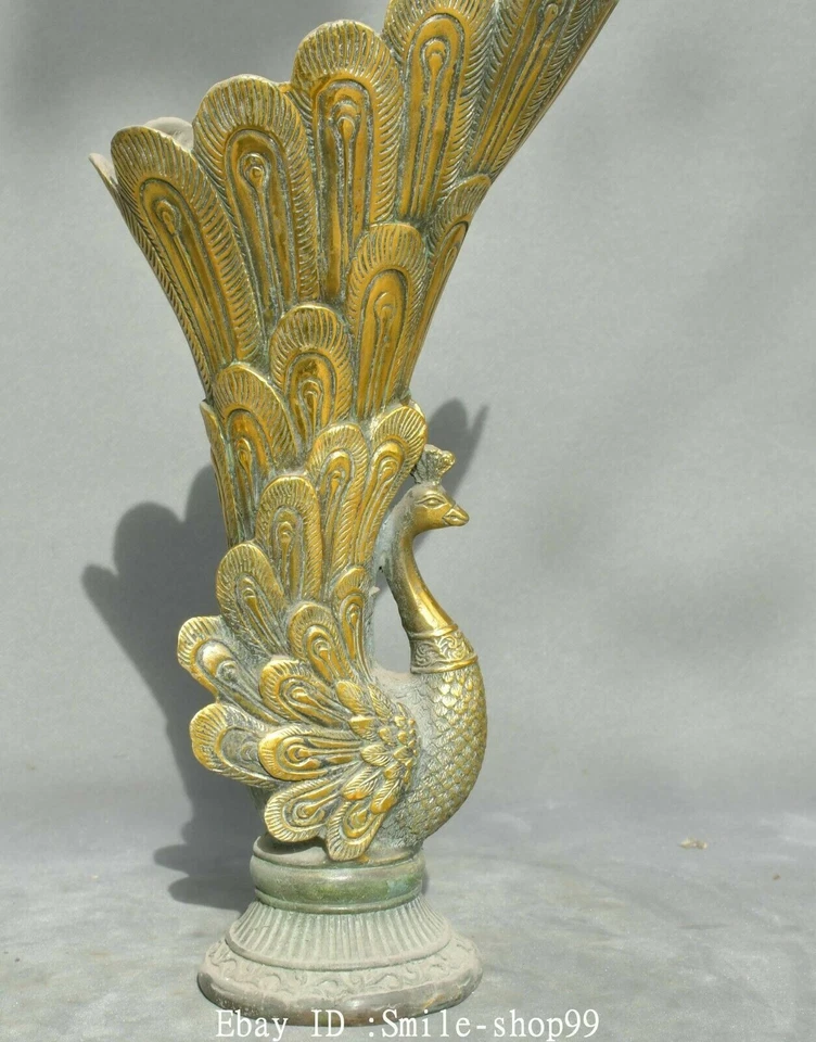 13.7" Antigua China Bronce Dorado Dinastía Pavo Real Pavo Real Pájaro Soporte Pluma Cepillo Olla Foto 3 de 4
