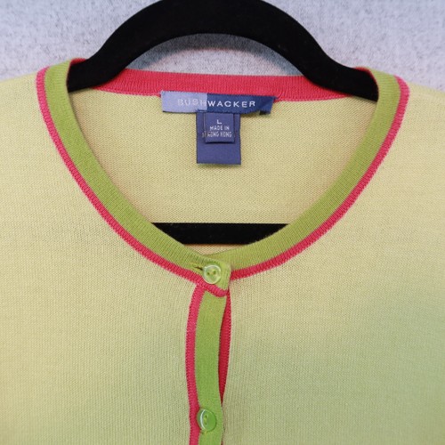 BUSHWACKER Lime Green with Pink Trim Button Up Cotton Knit Cardigan, Sz L - Picture 2 of 5
