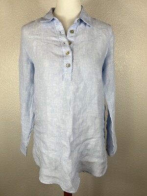Joie Sz Small 100% Linen Blouse 3/4 Button Long Sleeve Roll Tabs Light Blue