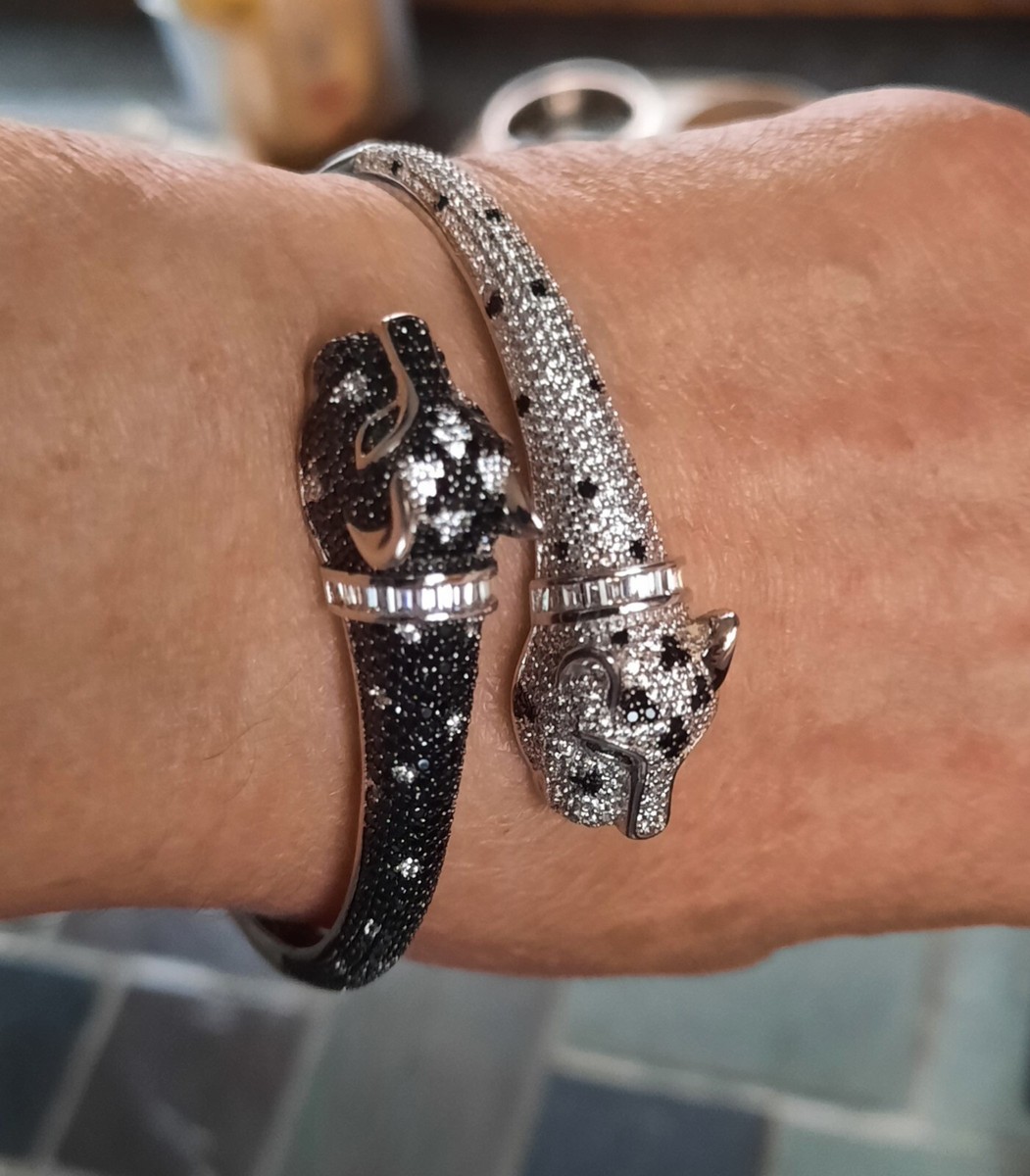 Sterling Silver (CZ) Double Panther Cat Cuff/Bangle Bracelet -Emerald Eyes  FZN