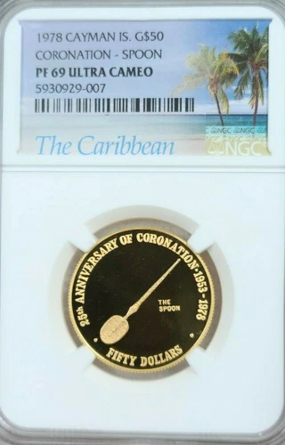 1978 CAYMAN ISLANDS GOLD 50 DOLLARS CORONATION SPOON NGC PF 69 ULTRA CAMEO TOP