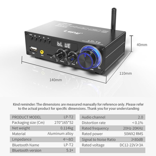 LEPY-T2 2.0CH Amplifier: 50Wx2 Power & Bluetooth 5.1 Zero Latency - Bild 12 von 19