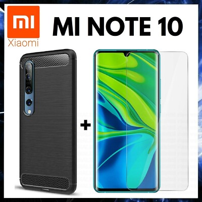 FOR XIAOMI MI NOTE 10 BLACK CARBON SHOCKPROOF COVER + TEMPERED GLASS FILM