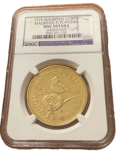 Mauritius 1975 Gold 1000 Rupees NGC UNC Details Mauritius Flycatcher