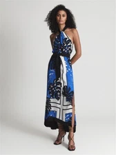REISS Erin Palm Print Midi Dress in Blue UK Size 6