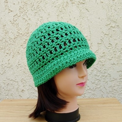Cap Summer Cloche Hat Crochet Solid Green 100% Cotton Crochet Knit