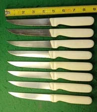 Vtg 8, Ed Wusthof Dreizackwerk Trident 4054 Steak Knives W/ White Handles