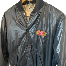 Miller Lite Vintage Satin Bomber Jacket Mens L Black Embroidered Made In USA