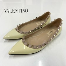 Valentino Rockstud Flat Pumps Patent Leather Ivory Women's Size EU36.5/US6.5