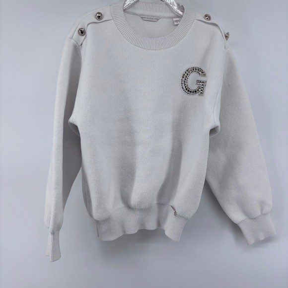 Guess Embellished Logo Knit Sweater w/ Button Detail - Ivory Cream Girls size 8
