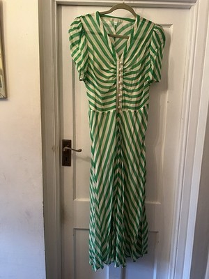 New LK BENNETT Green & White Candy Stripe 100% Silk Holzer Long Dress,UK14
