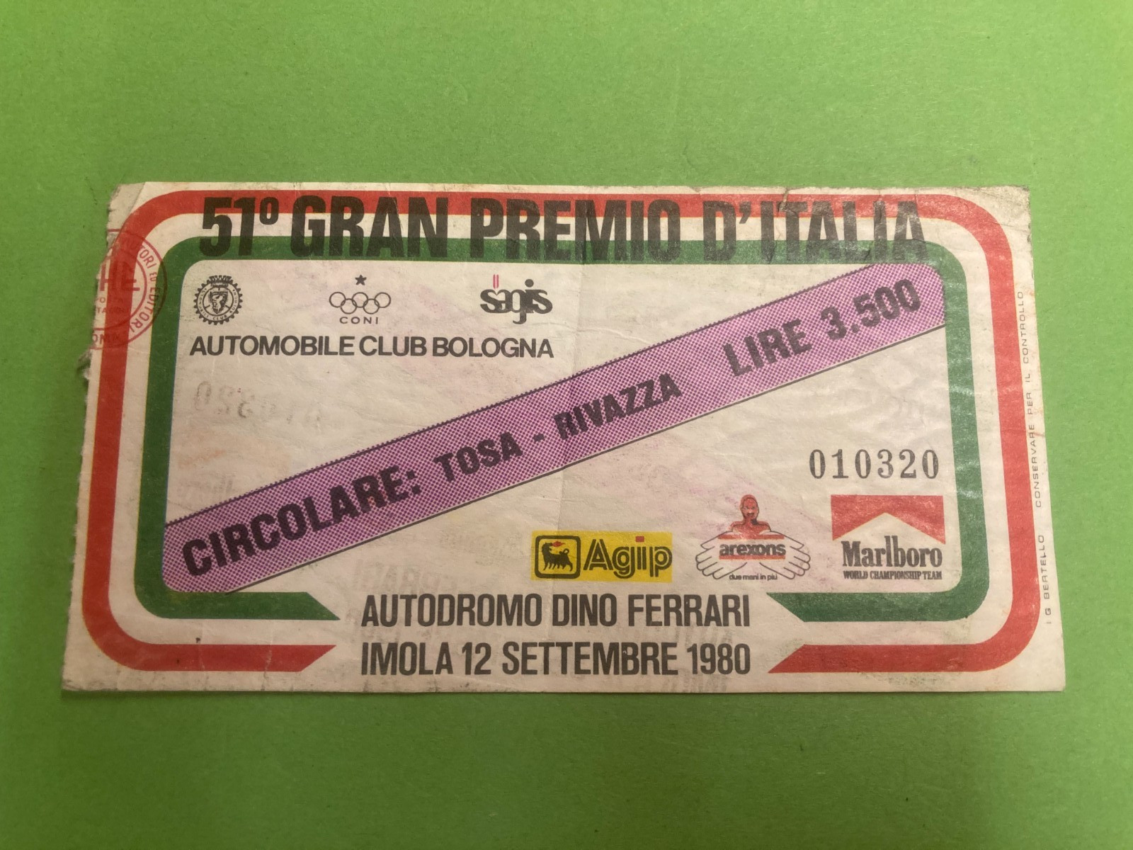 *BIGLIETTO/TICKET 51' GRAN PREMIO D'ITALIA FORMULA 1 IMOLA 12 SETTEMBRE 1980*