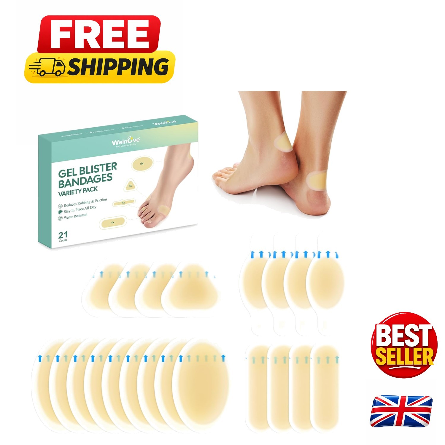 21 Count Hydrocolloid Gel Blister Plasters - Comfort & Healing for Active Feet