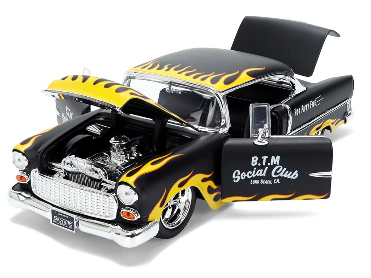 1955 CHEVROLET BEL AIR MATT BLACK W/FLAMES 1/24 DIECAST MODEL CAR