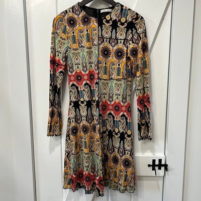 Alice + Olivia Womens Delora Mini Dress Size 8 Paisley Patchwork Long Sleeve