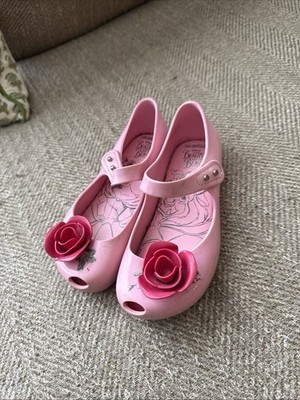 Mini Melissa Disney Beauty the Beast Pink Flat Red Rose Girls Size 10