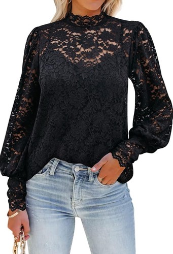 DOROSE Womens Top Dressy Casual Blouse Lace Floral Long Sleeve Shirt Medium