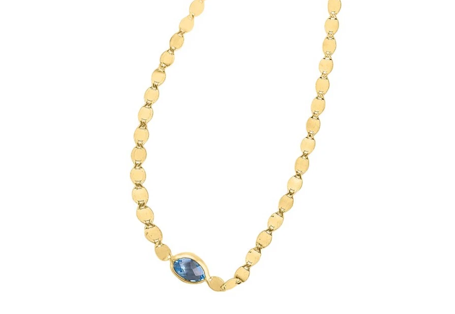 14k Solid Yellow Gold 6.5" - 7" Blue Topaz Gemstone 2.2MM Mirror Chain Bracelet