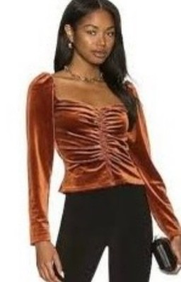 ASTR THE LABEL Small Vanya Velvet Rust Orange Ruched Sleeve Going Out Top EUC