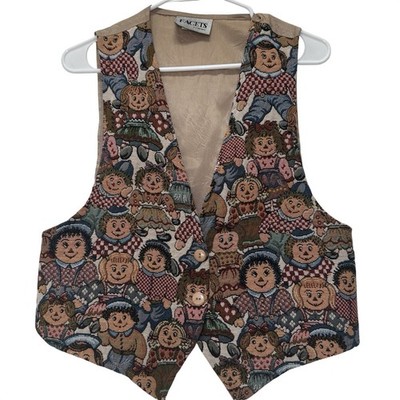 Facets Tapestry Raggedy Ann Button Front Vest Festival Unique 90s Grandma Medium