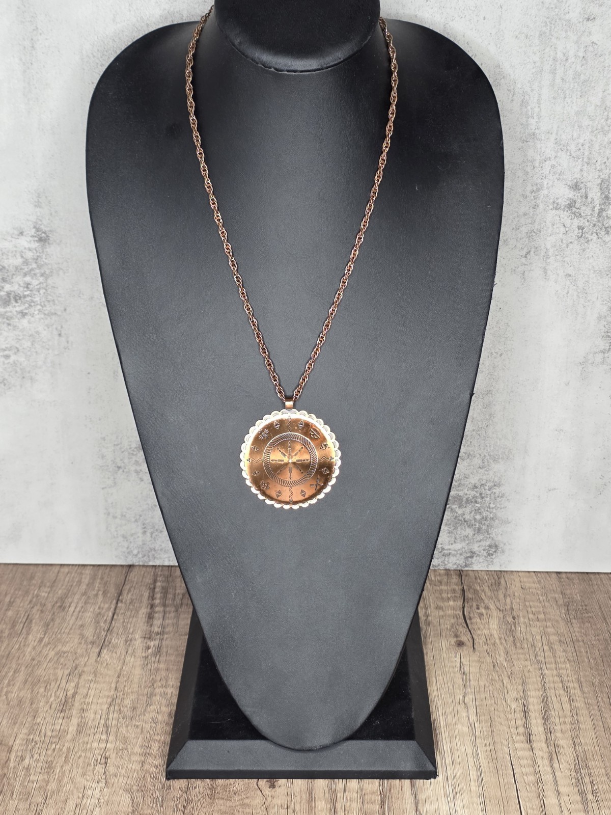 Vintage Signed Solid Copper Sun Disc Pendant Neck… - image 2