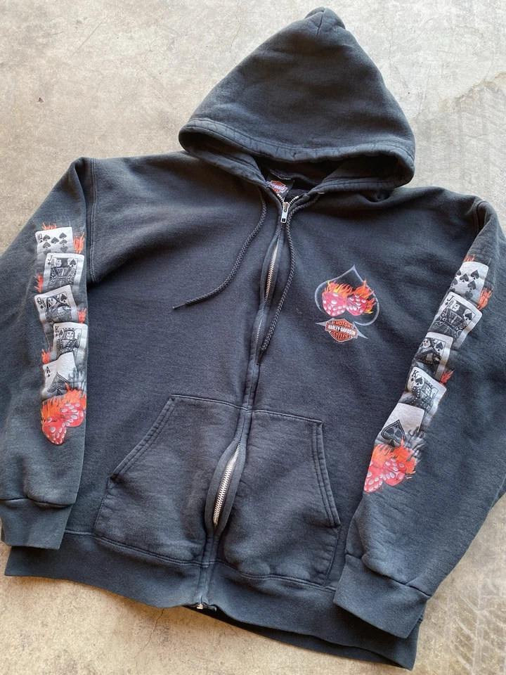 VTG Harley Davidson Flame Dice Hoodie Las Vegas Size M Flame Sleeve RARE - Image 2 of 4