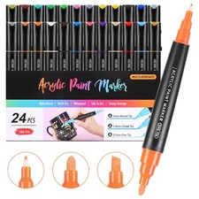 24 Colors Three Tips Acrylic Paint Markers, Fine Medium Chisel Tip Acrylic Pa...
